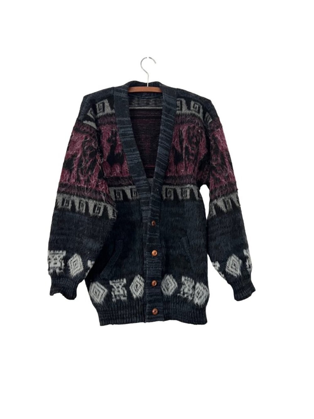 Womens Black Burgundy Alpaca Wool Blend Furry Greek Key Boho Cardigan Size L